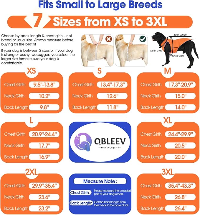 QBLEEV Reversible Dog Coat, Warm Snowproof Dog Puffer Jacket for Large Dogs, Waterproof Cold Weather Coats with Hook & Loop, 2-in-1 Lightweight Windproof Padded Vest for Big Pitbull, Blaze Orange, XL