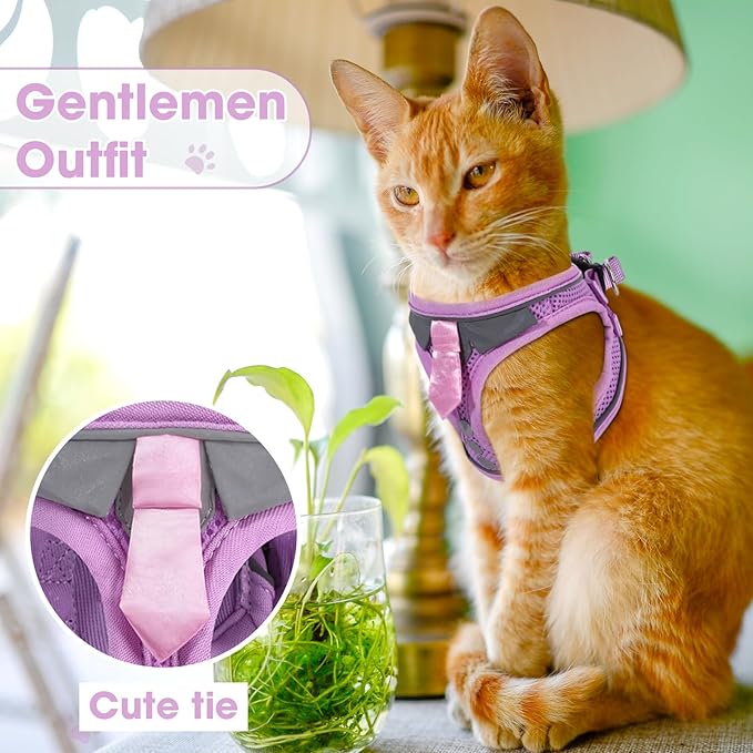 Cat Harness and Leash Set for Walking Escape Proof, Soft Adjustable Kitten Harness Breathable Mesh with Reflective Strips Harness for Kitty Puppy Bunny(Purple,XS)