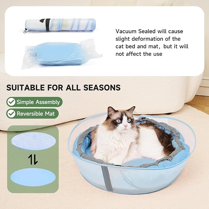 Cat Bed Kitten Bed, Round Donut Pet Bed Gift for Cats, Puppy, Small Dog, Calming Fluffy Cat Couch Sofa with Hard Protective Shieldfor Indoor Outdoor (Blue，18 Inches)