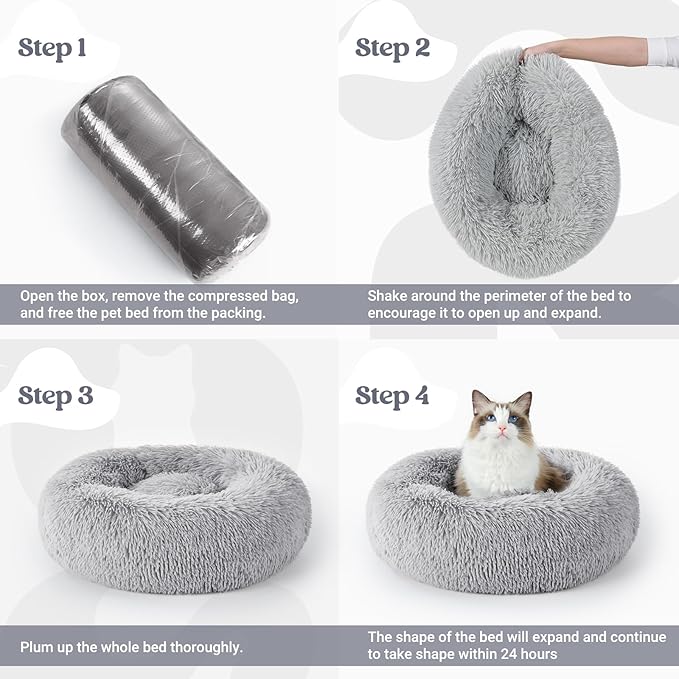 rabbitgoo Cat Beds for Indoor Cats, 20 inches Cat Bed Machine Washable, Fluffy Round Pet Bed Non-Slip, Calming Soft Plush Donut Cuddler Cushion Self Warming for Small Dogs Kittens, Light Grey, Medium