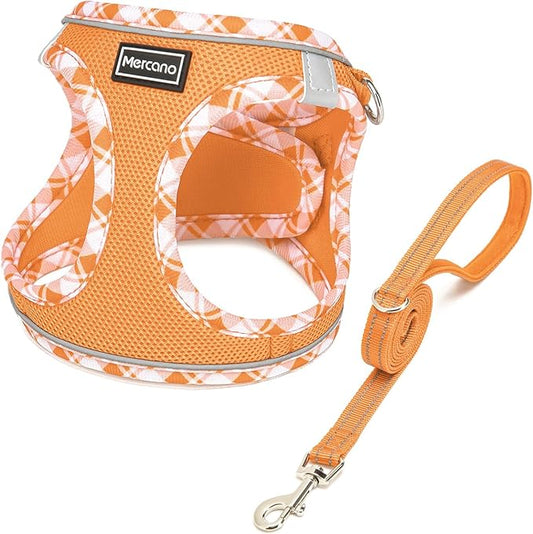 Mercano Soft Mesh Dog Harness and Leash Set, No-Chock Step-in Reflective Breathable Lightweight Easy Walk Vest Harnesses with Safety Buckle for Small Dogs, Cats (Orange, S)