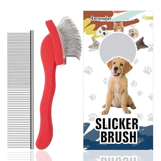 Slicker Brush - Grooming Kit for Goldendoodles, Labradoodles, Poodles & Medium to Long-Haired Dogs (Red)