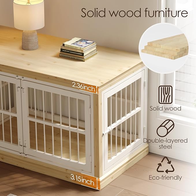 48 in Solid Wood Dog Furniture Crate for Dogs-Large Dog Crate Sideboard and TV Stand, Large, Wood Dog Crate Kennel-(White+Natural)