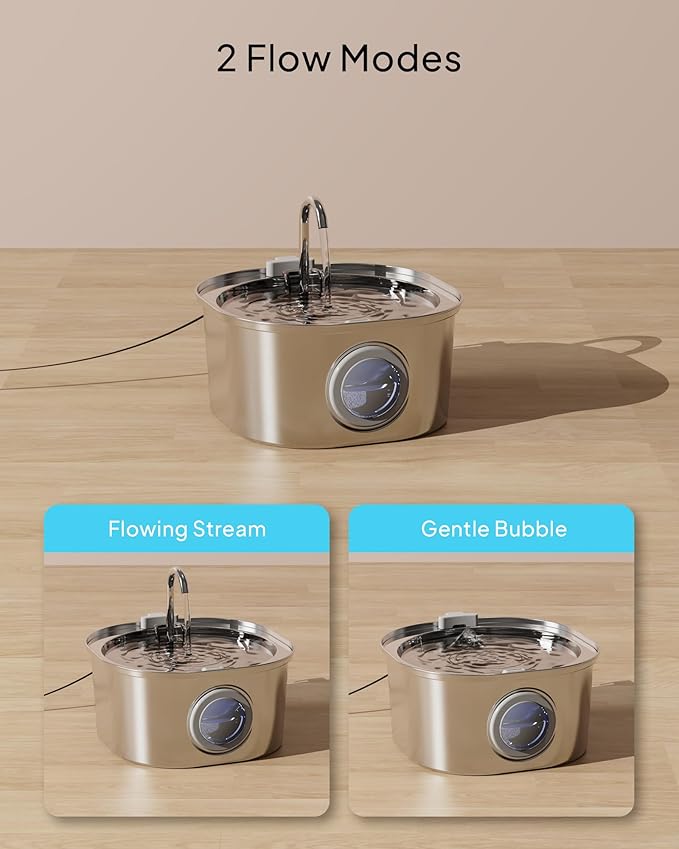 Cat Water Fountain, Pet Water Fountain for Cats/Dogs Indoor, Stainless Steel Cat Drinking Fountains with Water Level Window and 3 Filters + 3 Sponges(3.2L/108oz)