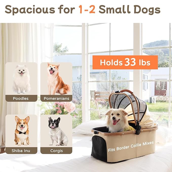 3-in-1 Pet Stroller for Small Dogs & Cats up to 33lbs, One-Touch Fold 4-Wheel Cart with Removable Carrier, Rear Brake & Storage Basket