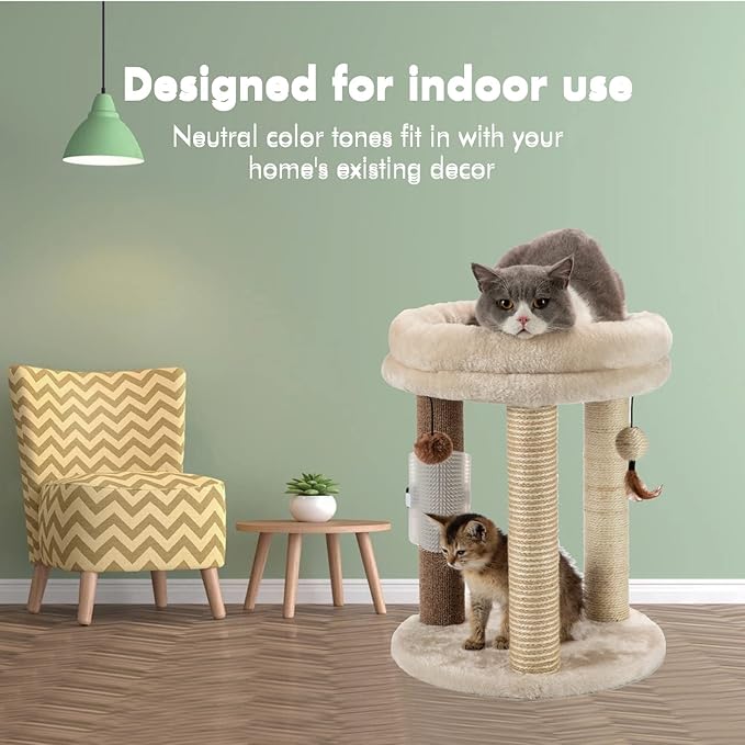MECOOL 4in1 Small Cat Tree,Scratching Post with Tower Soft Bed, Sisal Carpet Jute Posts with Three Hanging Ball Toys and Massage Brush for Indoor Cats and Kittens