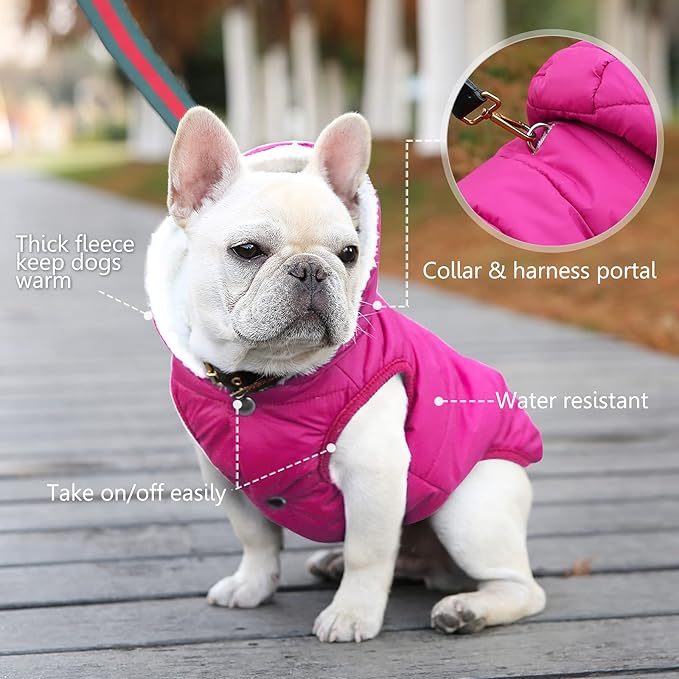 Windproof Waterproof Dog Coat - Fleece & Cotton Lined Warm Dog Jacket, Cold Weather Pet Apparel Clothes Vest - Sizes S to 3XL (Pink)