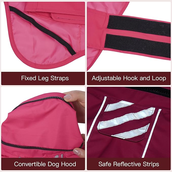 Dog Raincoat, Waterproof Dog Rain Jacket with Convertible Hood/Collar, Adjustable Belly-Protect Rain Coat for Meidum Dogs Poncho Reflective (Neon Pink, M)
