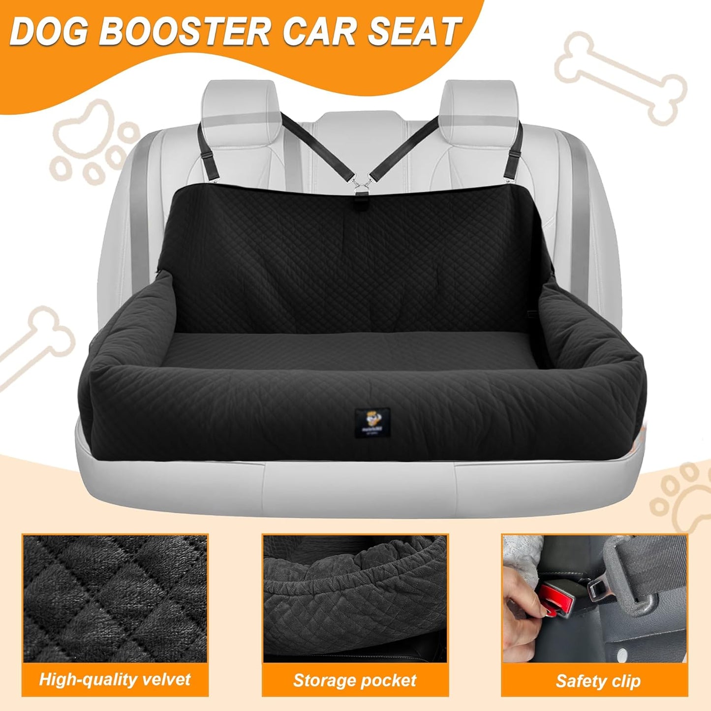 Dog Car Seat for Medium/Large Dogs Under 100 Lbs,Multi-Functional Dog Car Bed Washable Pet Travel Safety with Thick Cushion, Soft & Removable,for All Cars Back Seat (Black)