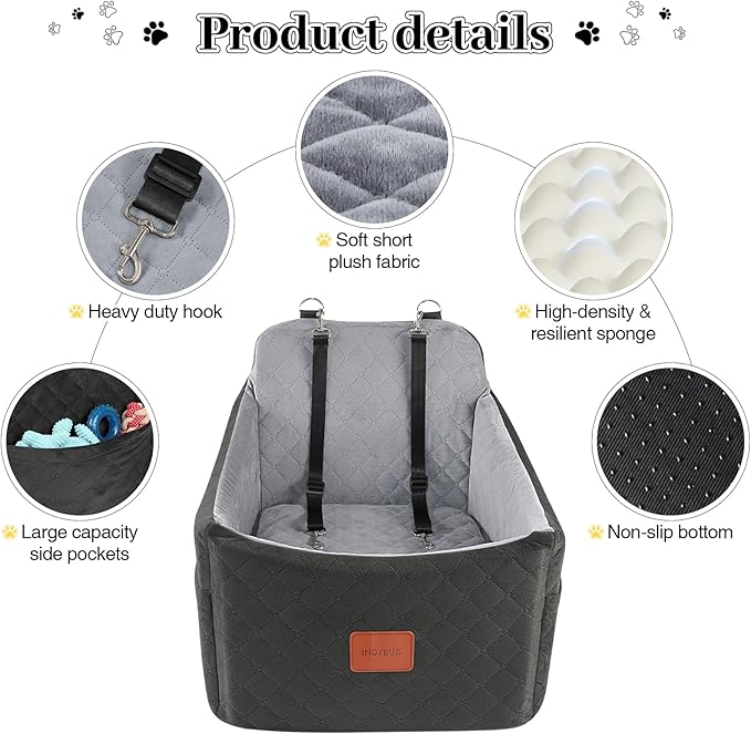 Dog Car Seat for Small Medium Dogs,Detachable Washable Dog Booster Seat Under 35lbs, Pet Car Seat Travel Bed with Storage Pockets and Safety Belt (Black/Grey, Medium)