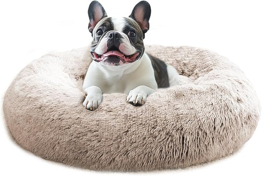 JOLLYVOGUE Calming Dog & Cat Bed for Small Dogs, Anti-Anxiety Donut Cuddler Cozy Soft Round Bed with Anti-Slip Bottom, Fluffy Faux Fur Plush Cushion Beds for Small Medium Dogs (20")