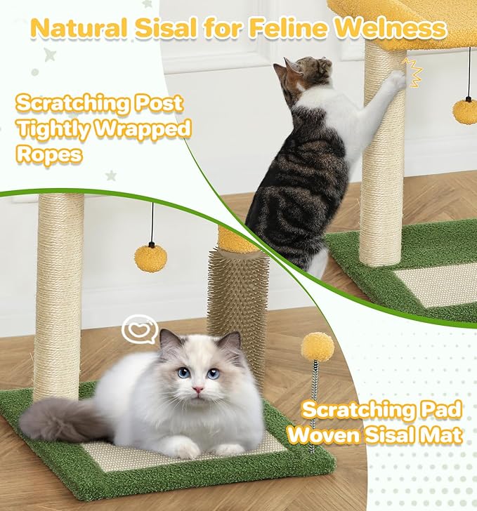 Made4Pets Small Cat Tree Tower, Cat Scratching Post 4-in-1 with Cat Self Groomer Brush, 20" Tall Natural Sisal Cat Scratcher, Soft Plush Cat Perch Bed with Dangling Ball for Indoor Kittens, Green
