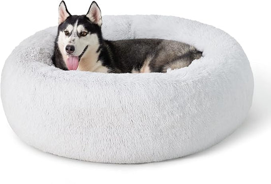 Bedsure Calming Dog Bed for Large Dogs - Donut Washable Large Pet Bed, 36 inches Anti-Slip Round Fluffy Plush Faux Fur Dog Bed, Fits up to 80 lbs Pets, Frost Grey