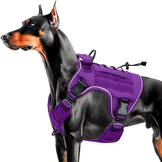 Heavy-Duty Tactical Dog Harness for Large Dogs, No Pull Adjustable Reflective Pet Vest with Molle System, K9 Military-Grade Control for Service Training, Outdoor & 10+ Breeds, Purple, Large