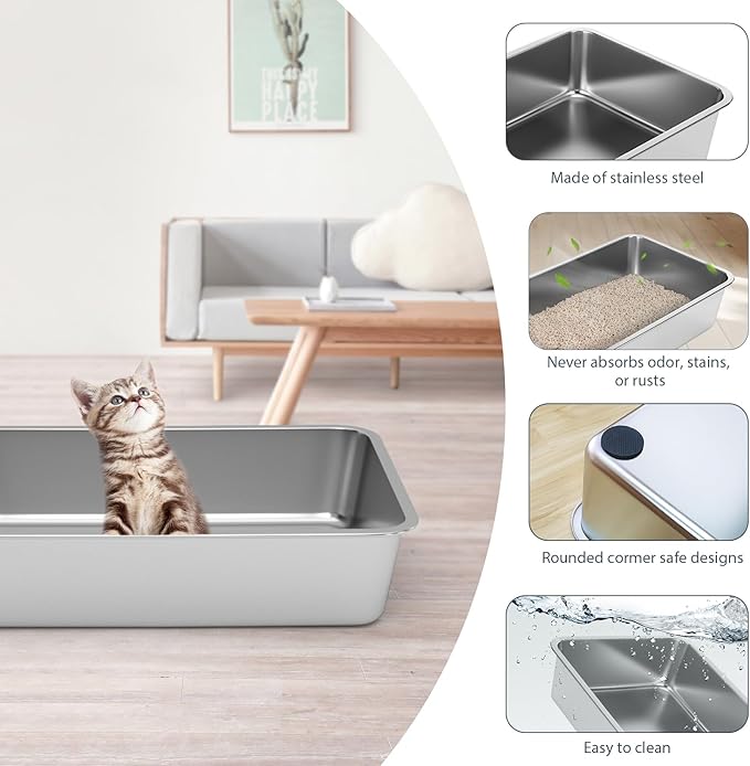 Stainless Steel Cat Litter Box - Litter Box for Cats - Easy to Clean, Never Absorbs Odor, Stains, or Rusts - Silver (17.7" L x 13.5" W x 4" H)