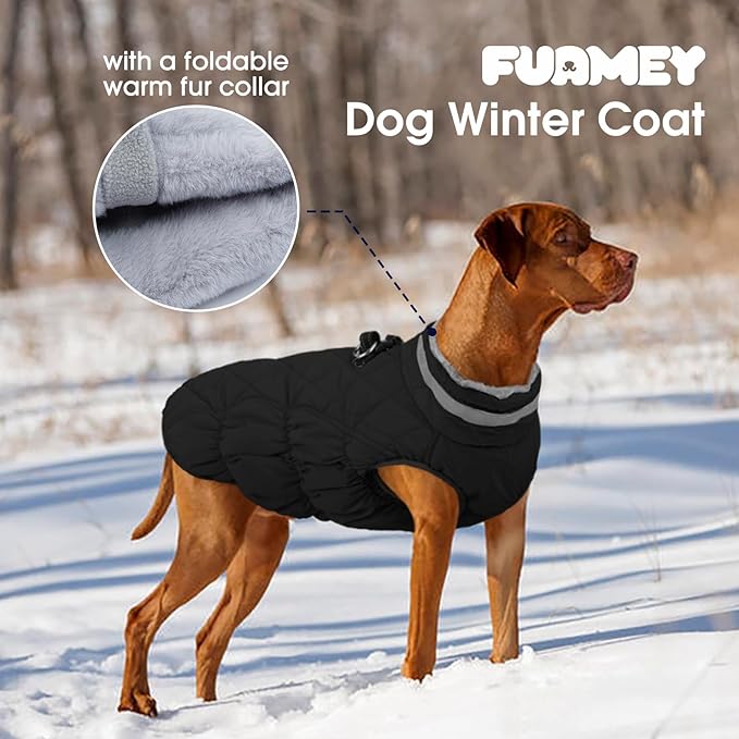 FUAMEY Dog Coat for Large Dogs,Waterproof Dog Winter Jacket with Harness Built in Puppy Cold Weather Coats Reflective Pet Vest with Zipper Warm Fleece Dogs Snowsuit Windproof Solid Black XL