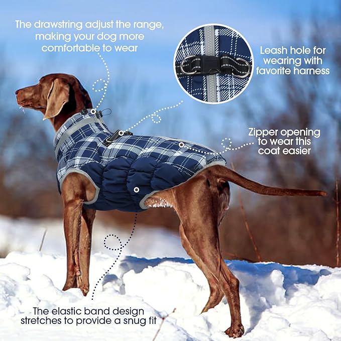 FUAMEY Dog Coat for Small Dogs,Waterproof Dog Winter Jacket with Harness Built in Puppy Cold Weather Coats Reflective Pet Vest with Zipper Warm Fleece Dogs Snowsuit Windproof Blue Plaid XS
