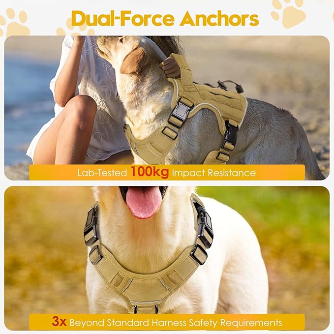 Heavy-Duty Tactical Dog Harness for Large Dogs, No Pull Adjustable Reflective Pet Vest with Molle System, K9 Military-Grade Control for Service Training, Outdoor & 10+ Breeds, Khaki, Medium