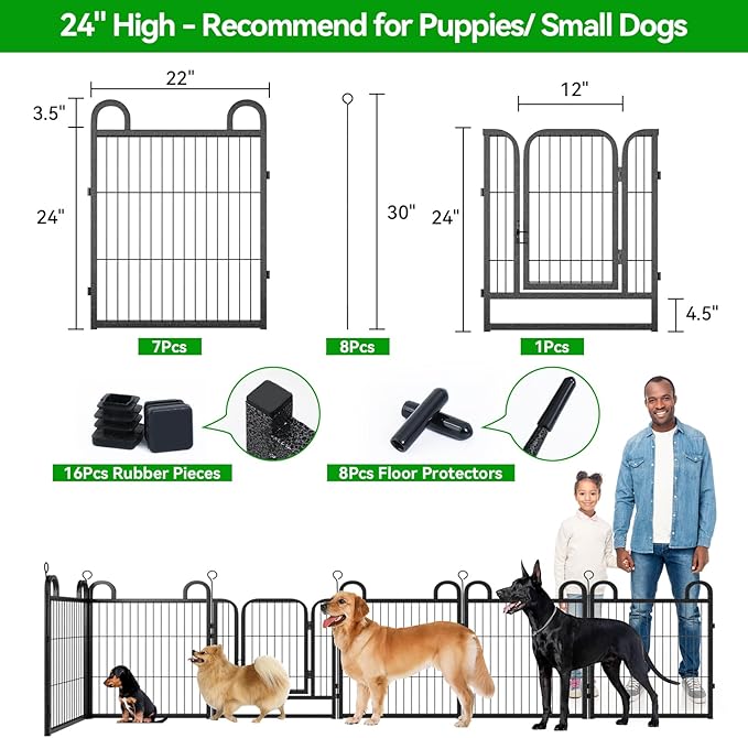 Puppy Playpen 8 Piece Panels Small Dog Fence Outdoor Indoor Use 24" Height Anti-Rust with Doors Portable Dog Play Pen for RV Camping Yard, Total 15FT, 17 Sq.ft, Snowy Black
