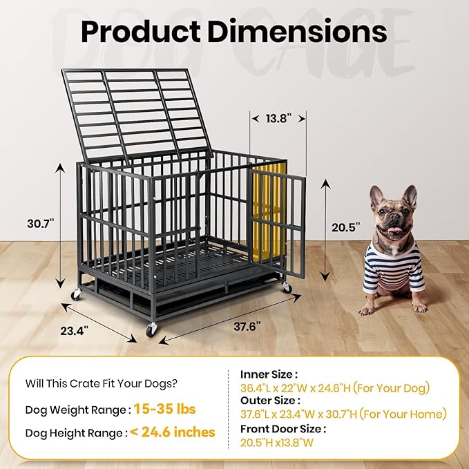 Oranland 38 inch Heavy Duty Indestructible Dog Crate,2025 New Upgraded Reinforced Baseplate for Large Dogs,XL Dog Kennel Indoor for High Anxiety Dogs/Max Load Capacity 200lbs/Double Door with Wheels