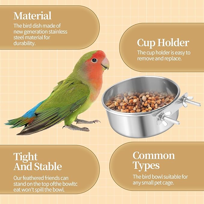 Bird Cage Feeder, Bird Feeder for Cage, 40oz Stainless Steel Food Water Bowl with Clamp, Clip-On Cage Coop Cup for Parrot Hamster Rabbit Rat Small Animals