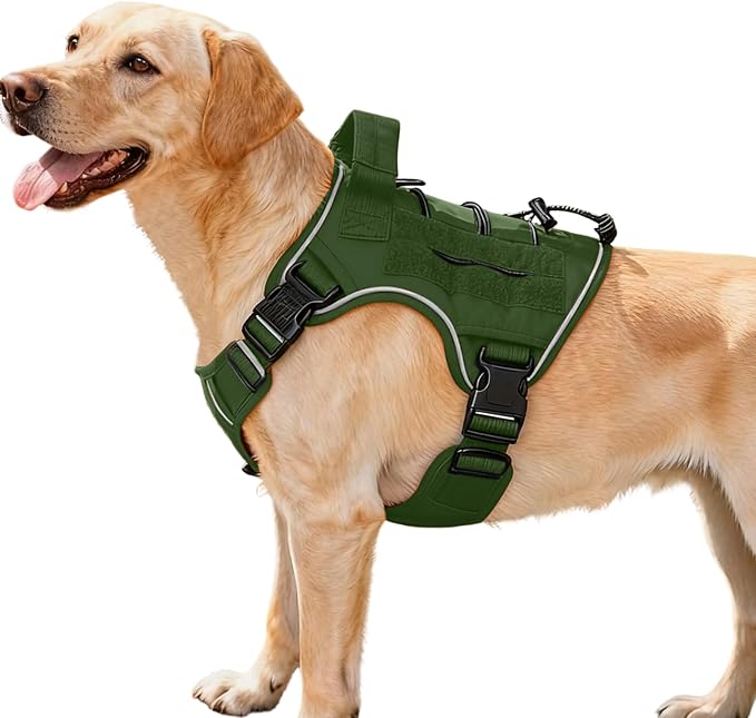 Heavy-Duty Tactical Dog Harness for Large Dogs, No Pull Adjustable Reflective Pet Vest with Molle System, K9 Military-Grade Control for Service Training, Outdoor & 10+ Breeds, Green, Medium