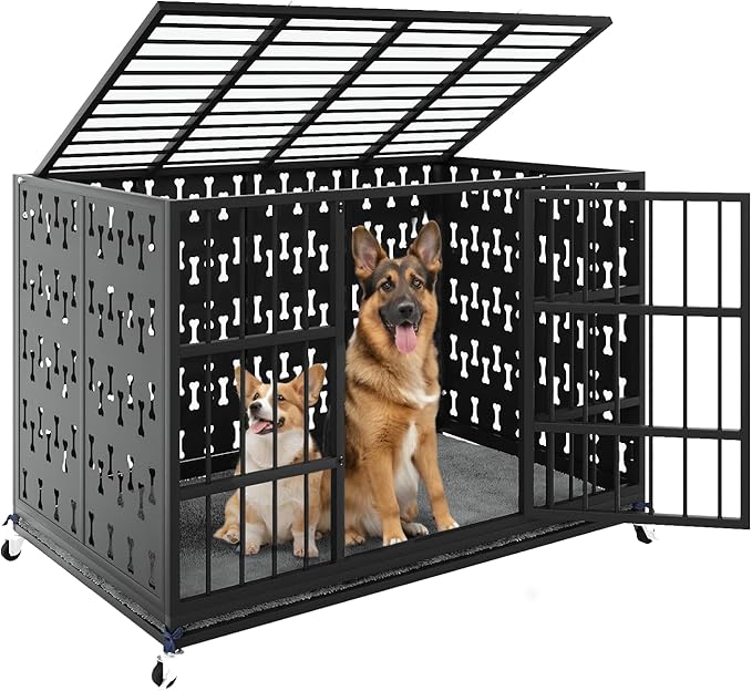 LEMBERI 48/42 inch Indestructible Heavy Duty Dog Crate, High Anxiety Extra Large Dog Cage for Large Dogs, XL Steel Escape Proof Dog Kennel with Cushion and Wheels (Black, 42.5''L*29.9''W*34.46''H)