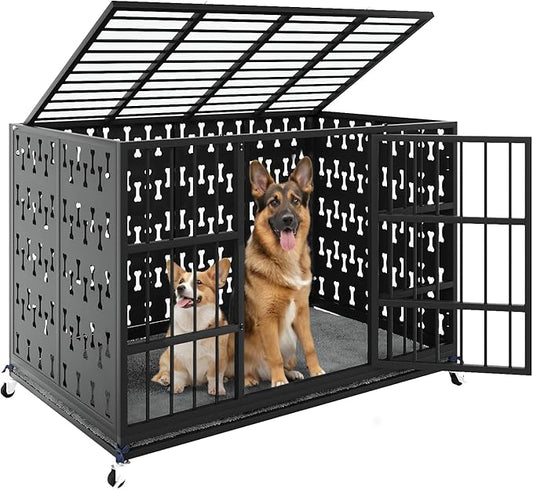 LEMBERI 48/42 inch Indestructible Heavy Duty Dog Crate, High Anxiety Extra Large Dog Cage for Large Dogs, XL Steel Escape Proof Dog Kennel with Cushion and Wheels (Black, 42.5''L*29.9''W*34.46''H)