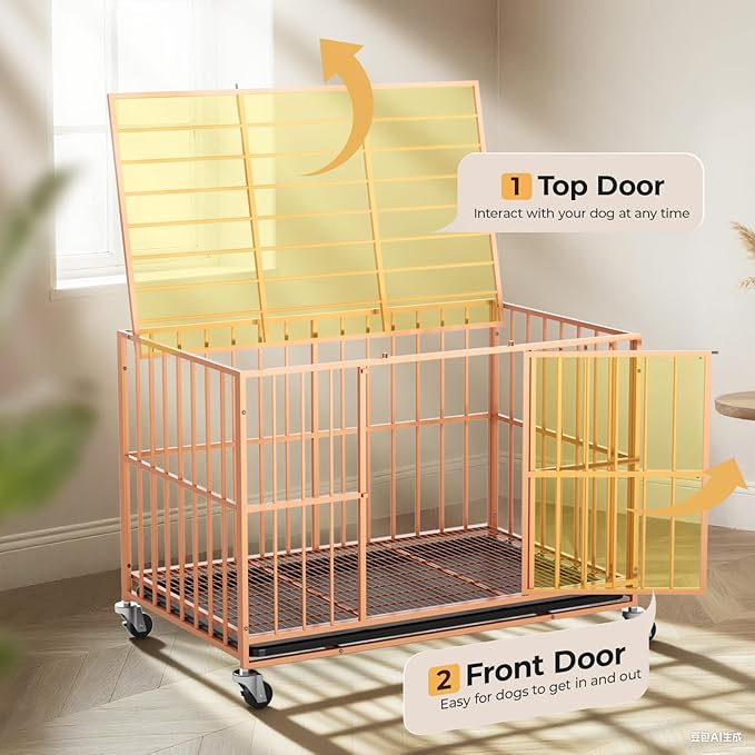 48 in Orange Heavy Duty Dog Crate Steel Escape Proof, Indoor Double Doors and Lockable Wheels,Removable Tray, for Medium and Large Large Dog Breeds,XL,XXL