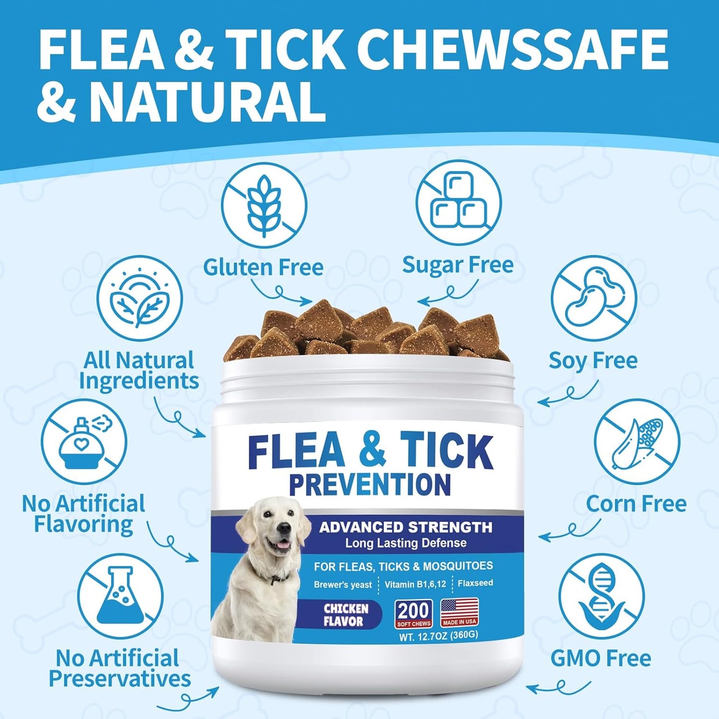 Dog Flea and Tick Chewable 200ct, Oral Flea and Tick Chews Supplement, Skin & Coat Support for Dogs, Puppies, All Breeds & Sizes