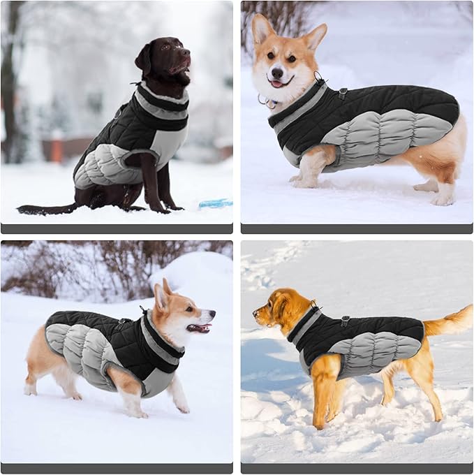 FUAMEY Dog Coat for Large Dogs,Waterproof Dog Winter Jacket with Harness Built in Puppy Cold Weather Coats Reflective Pet Vest with Zipper Warm Fleece Dogs Snowsuit Windproof Black XXL