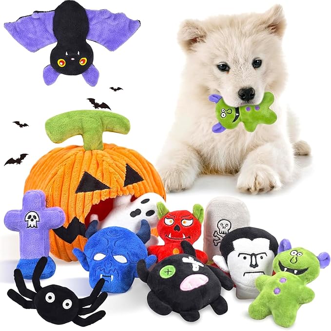 Halloween Dog Toys Set, 11 Pack Squeaky Dog Toys for Aggressive Chewers, Pumpkin Assorted Puppy Toys to Keep Them Busy, Toys Gift for Large Medium Small Dogs
