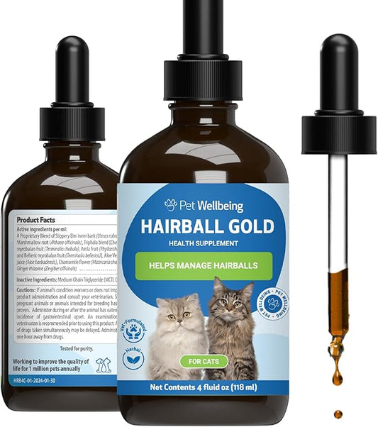 Pet Wellbeing Hairball Gold for Cats - Holistic Hairball and Digestive Care, Normal Elimination, Slippery Elm, MCT Oil, No Mineral Oil - Veterinarian-Formulated Herbal Supplement 4 oz (118 ml)