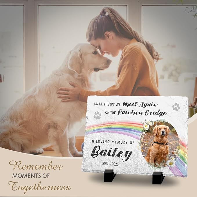 Rainbow Bridge Dog Memorial Gifts for Loss of Dogs - Custom Slate Stone in Loving Memory of Cat, Grave Marker to Decor Bereavement, Engraved Paw Prints on Pet Lovers' Hearts