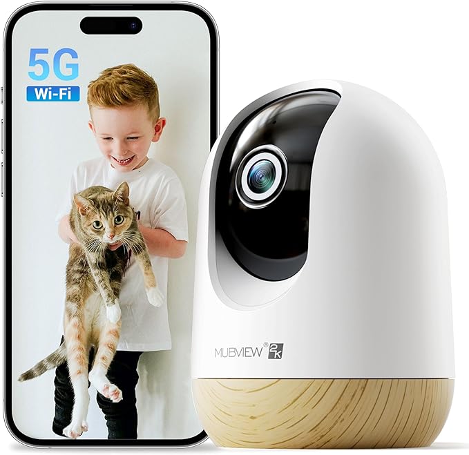 MUBVIEW 5G WiFi Indoor Security Camera No Subscription, Pet Camera with Phone App, Baby Monitor WiFi Smartphone, 2K Night Vision Pan-Tilt Dog Cam, Auto Tracking, 2-Way Audio, SD or Cloud Storage