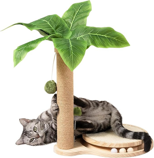 Meowoou Cat Scratching Post Cat Scratcher Interactive Toy with Dangling Ball for Indoor Kitten Large Base Wooden Ball Track 17.7" Tall Modern Sisal Scratch Pole