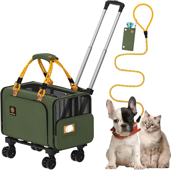 PAWZIDEA Expandable Pet Carrier with Wheels, 18"X11"X11" TSA Airline Approved Cat Carrier for 2 Cats Under Seat, Foldable Soft-Sided Dog Carrier for Small Dogs Rolling Travel Bag, Max Weight 18 lbs