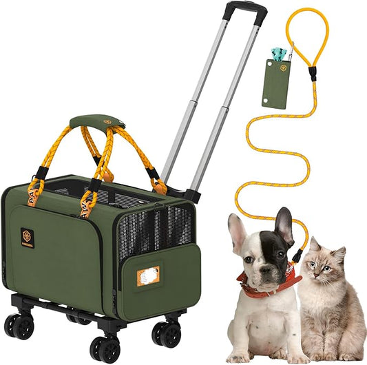 PAWZIDEA Expandable Pet Carrier with Wheels, 18"X11"X11" TSA Airline Approved Cat Carrier for 2 Cats Under Seat, Foldable Soft-Sided Dog Carrier for Small Dogs Rolling Travel Bag, Max Weight 18 lbs