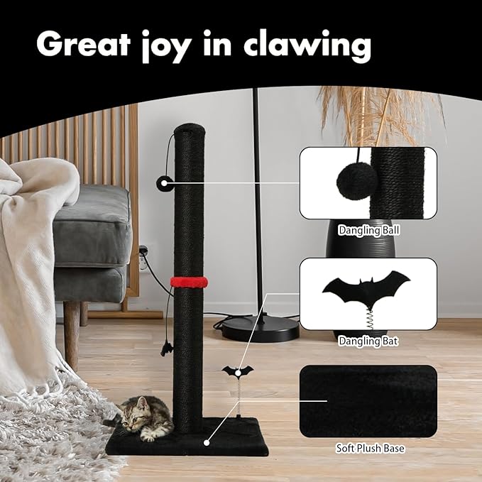 MECOOL Cat Scratching Post Premium Sisal Scratch Posts with Hanging Ball Vertical Scratcher for Indoor Cats and Kittens,Black