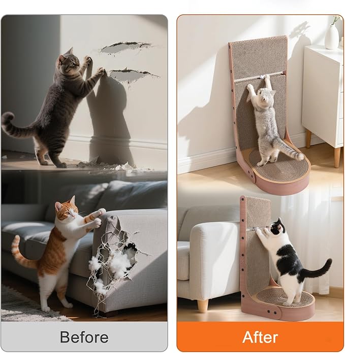 Cat Scratcher, 2 in 1 Multifunctional 26.8 Inch L Shape Cat Scratch Pad Wall Mounted with Oval Cat Bed Bowl and Built-in Toy Balls for Indoor Cats (1 PCS Cat Scratcher Include Toy Balls)