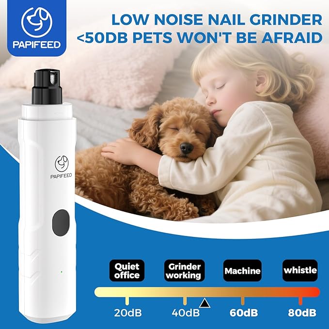 PAPIFFEED Dog Nail Grinder Upgraded with 2 LED Lights, 3-Speed Rechargeable & Quiet - Upgraded Electric Pet Nail Trimmer for Small Medium Large Dogs & Cats, Painless Paws Grooming Tool - White