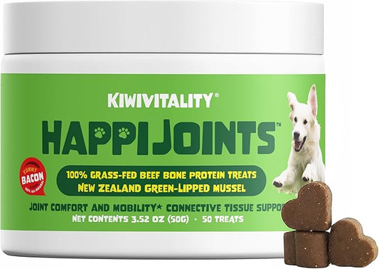 HappiJoints Hip and Joint Supplement Treats for Dogs, Cats • 100% Grass-Fed Beef Bone Collagen New Zealand Green-Lipped Mussels • 50 Treats