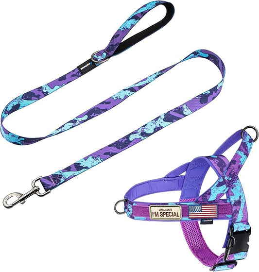Annchwool No Pull Dog Harness with Padded Handle+5 Ft Leash,Escape Proof and Quick Fit to Adjust Dog Harness,Easy for Training Walking for Small & Medium and Large Dogs(Camo Purple Set,L)