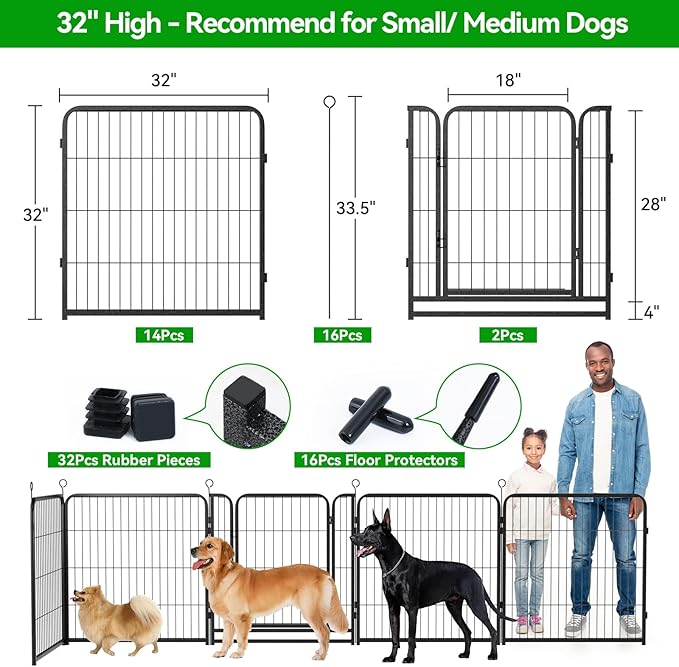 Dog Playpen Outdoor Extra Wide 16 Piece Panels Heavy Duty Dog Fence 32" Height Anti-Rust with Doors Portable for RV Camping Yard, Total 42FT, 140 Sq.ft, Snowy Black