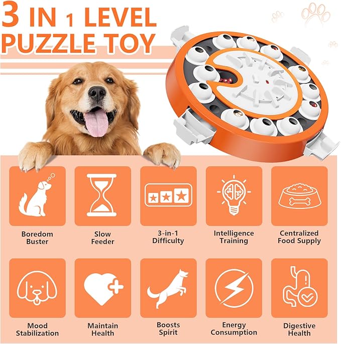 Dog Puzzle Toy, Level 3 in 1 Brain Mental Stimulation Dog Puzzles for Smart Dogs, Interactive Treat Dispenser Cognitive Enrichment Toys Puppy Puzzle Game for Mind Boredom-13.31"x13.31" Orange