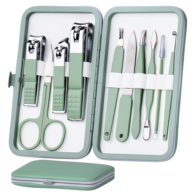 Manicure Set 10 in 1 Stainless Steel, Nail Clippers Scissors Pedicure Tools Kit - Portable Travel Grooming Kit for Men and Women with Leather Case (Jade Green)