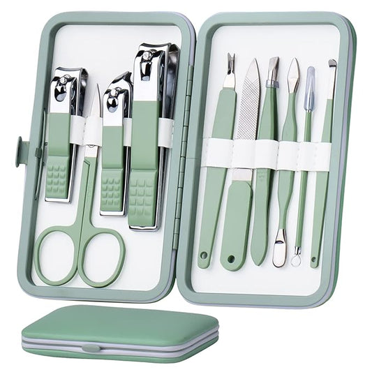 Manicure Set 10 in 1 Stainless Steel, Nail Clippers Scissors Pedicure Tools Kit - Portable Travel Grooming Kit for Men and Women with Leather Case (Jade Green)