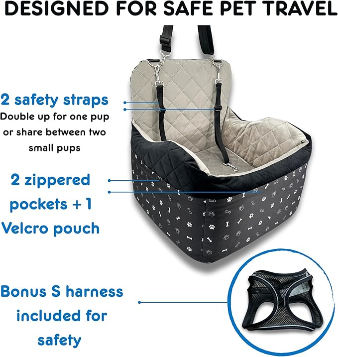 Dog Car Seat for Small Dogs & Medium Under 30 lbs, Bonus Safety S Harness, Dog Booster Car Seat with Thick Cushions, 3Storage Pockets with Zipper, 2 Safety Belts