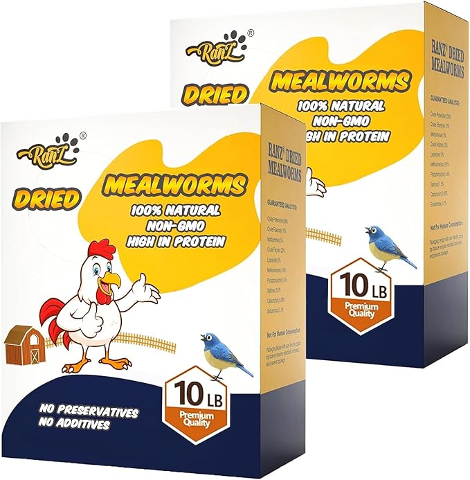 RANZ 20LBS Non-GMO Dried Mealworms for Chickens, High Protein Meal Worms, Premium Chicken Feed, Whole Large Mealworms for Blue Birds, Ducks, Fish