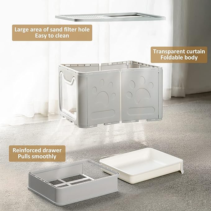 Top Entry Cat Litter Box With Lid - Enclosed Anti-Splashing Potty, Foldable Large Covered Toilet Pan, Cat Supplies With Scoop, Brush and Garbage Bag